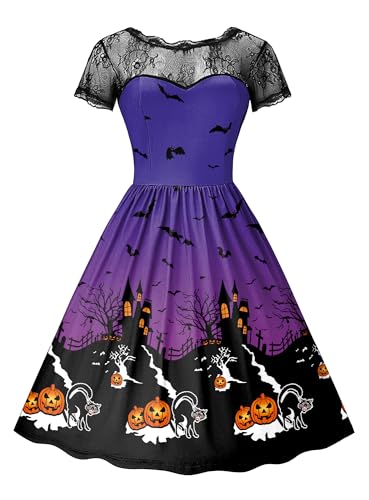 For G and PL Halloween Damen Kürbis Fledermaus Druck Party Tief Rückenausschnitt Kleider A Linie Knielang Violett XXL von For G and PL