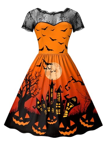 For G and PL Halloween Damen Party Tief Rückenausschnitt Kürbis Fledermaus Druck Elegant Cocktailkleid Orange M von For G and PL