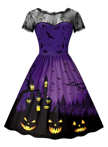 For G and PL Halloween Damen Party Tief Rückenausschnitt Schwarz Spitzenkrägen Kleider Knielang Elegant Violett S von For G and PL