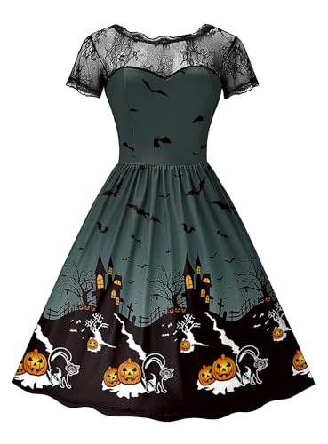 For G and PL Halloween Damen Schwarz Spitzenkrägen Tief Rückenausschnitt Party Kleid Kurzarm Cocktailkleid Grau S von For G and PL