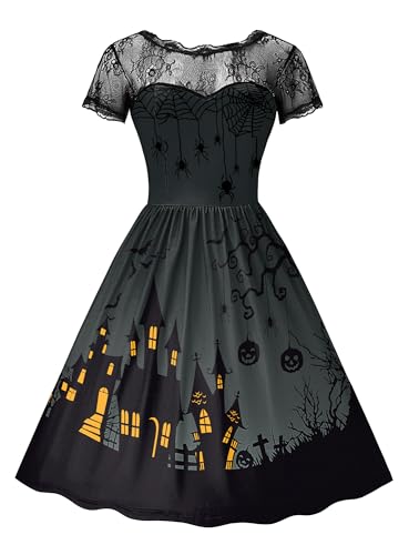 For G and PL Halloween Damen Spitzenkrägen Kürbis Fledermaus Druck Tief Rückenausschnitt Cocktailkleid Grau XXL von For G and PL