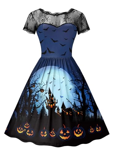 For G and PL Halloween Damen Tief Rückenausschnitt Party Kleider Schwarz Spitzenkrägen Kurzarm Dress Blau XXL von For G and PL
