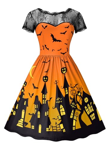 For G and PL Halloween Damen Tief Rückenausschnitt Schwarz Spitzenkrägen Kürbis Fledermaus Druck Kleider Orange XXL von For G and PL