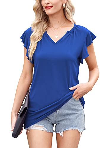 For G and PL Damen Longshirt Lang Sommerbluse T-Shirt Rüschenärmel Einfarbig Oberteil Kurzarm Blau Tops XXL von For G and PL