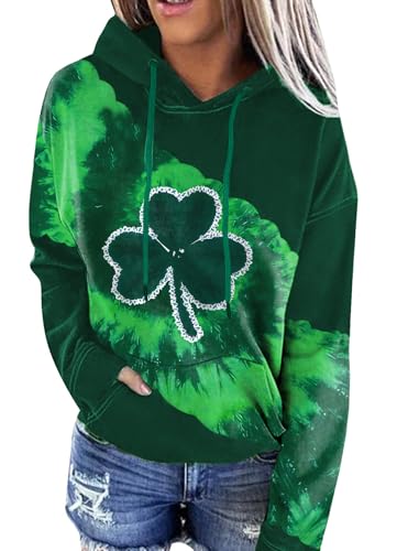 For G and PL Damen St. Patrick's Langarm Hoodie mit Taschen, Kleeblatt und Batikfärbung, A4, M von For G and PL