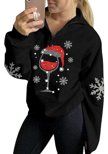 For G and PL Weihnachten Damen Langarm Hoodie Kapuzen Reißverschluss Druck Schwarz Sweatshirt Pullover M von For G and PL