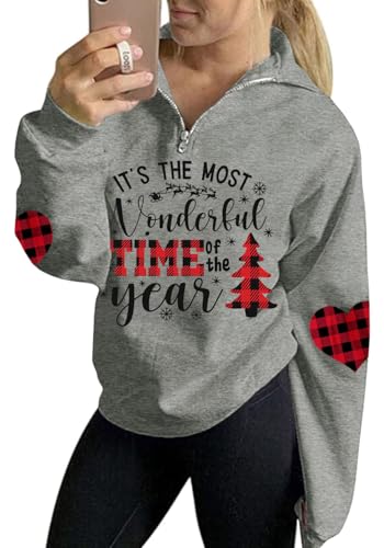 For G and PL Weihnachten Damen Langarm Hoodie Sweatshirt Weihnachtspulli Druck Pullover Wonderful Time Grau M von For G and PL