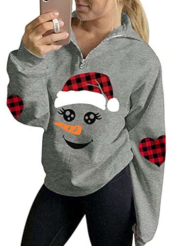 For G and PL Weihnachten Damen Hoodie Schneemann Druck Sweatshirt Kapuzen Reißverschluss Grau Pullover XXL von For G and PL