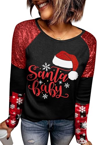 For G and PL Weihnachten Damen Oberteil Pullover Langarmshirt Weihnachtspullover Santa Baby Druck Sweatshirt S von For G and PL