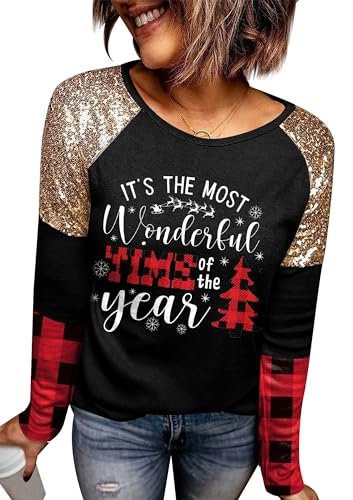 For G and PL Weihnachten Damen Oberteil Schwarz Langarmshirt Weihnachtspullover Rundhals Druck Sweatshirt XXL von For G and PL