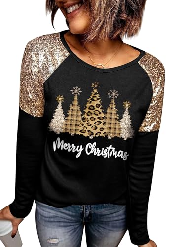 For G and PL Weihnachten Damen Pullover Weihnachtspullover Langarmshirt Weihnachtsbaum Schwarz Sweatshirt S von For G and PL