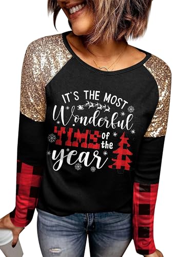 For G and PL Weihnachten Damen Schwarz Pullover Druck Langarmshirt Rundhals Weihnachtspullover Sweatshirt M von For G and PL