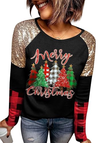 For G and PL Weihnachten Damen Schwarz Pullover Weihnachtsbaum Druck Weihnachtspullover Langarmshirt Sweatshirt XL von For G and PL