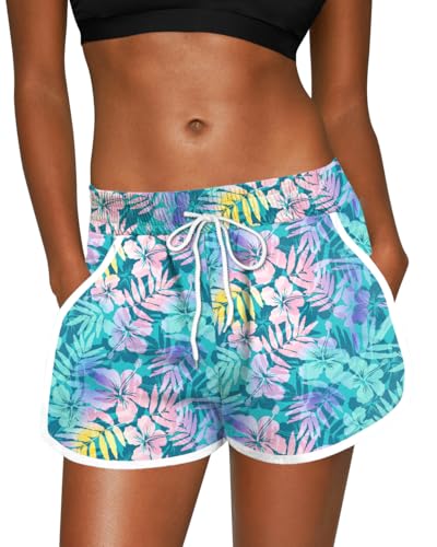 For G and PL Women Hawaiian Badehose Casual mit Beachrider und Bedruck Beach Blätter Eisblau XL von For G and PL