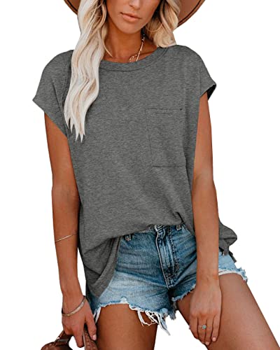 Damen Kurze Ärmel Oberteil Elegant Freizeit Sommer Casual T-Shirt mit Tasche Grau L von For G and PL