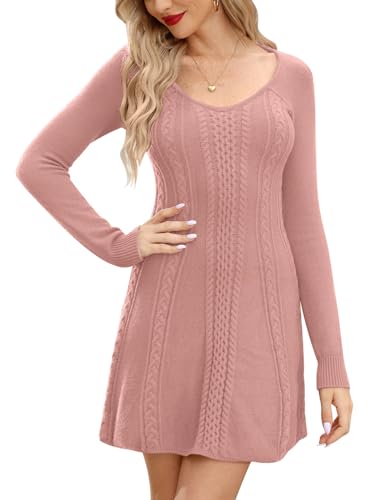 For G and PL mit Zopfmuster Schick Winter Warm Strickkleid Damen Elegant V-Ausschnitt Minikleid Winterkleider Rosa XL von For G and PL