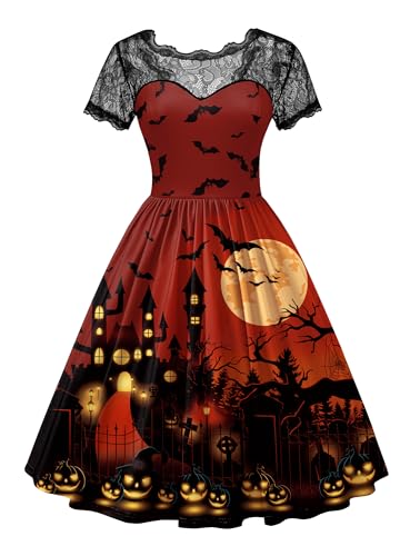 Frauen Halloween Party Cosplay Ausgestellter Rock Kürbis Kleid A Linie Vintage Kurzarm Midi Rot S von For G and PL