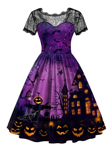 Frauen Halloween Schwarz Spitzenkrägen Party Cosplay Kleider Hexe Kurzarm A Linie Kostüm Violett L von For G and PL