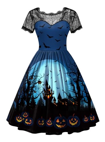 Halloween Damen Party Schwarz Spitzenkrägen Tief Rückenausschnitt Kleid A Linie Kurzarm Fasching Cocktailkleid Blau XXL von For G and PL