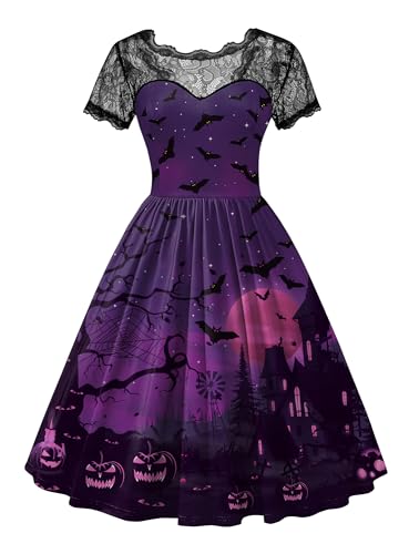 Halloween Damen Schwarz Spitzenkrägen Party Tief Rückenausschnitt Kleid Kurzarm Vintage A Linie Cocktailkleid Violett S von For G and PL