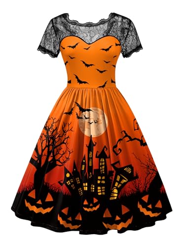 Halloween-Kostüm Damen Party Cosplay Ausgestellter Rock Kleid Hexe Weich A Linie Midi Orange L von For G and PL