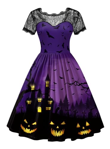 Kleid Halloween Frauen Schwarz Spitzenkrägen Ausgestellter Rock Cosplay Kleider Kurzarm Weich Vintage Kostüm Violett L von For G and PL