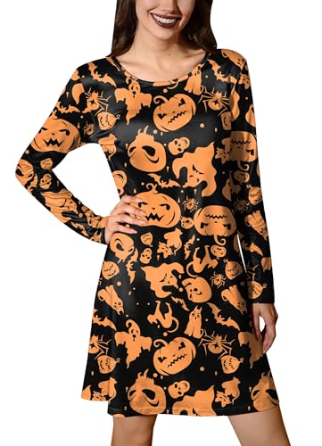 For G and PL Halloween Damen Midikleid Lang Arme Druck Vintage A Linie Schlafshirt Orange Kürbis M von For G and PL