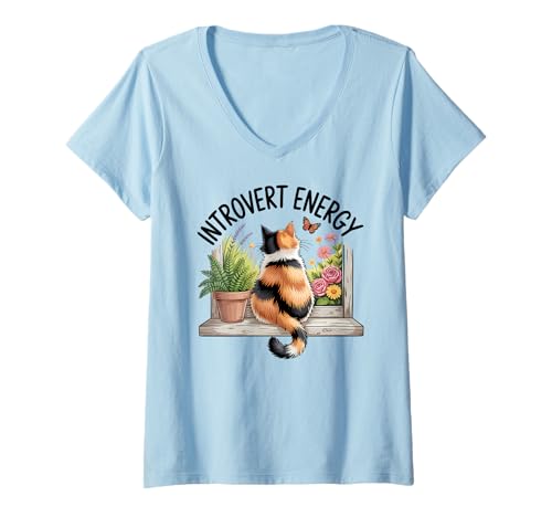 Damen Süße introvertierte Katzenliebhaberin Introvertierte Energie T-Shirt mit V-Ausschnitt Damen Süße introvertierte Katzenliebhaberin Introvertierte Energie T-Shirt mit V-Ausschnitt von For Introverts