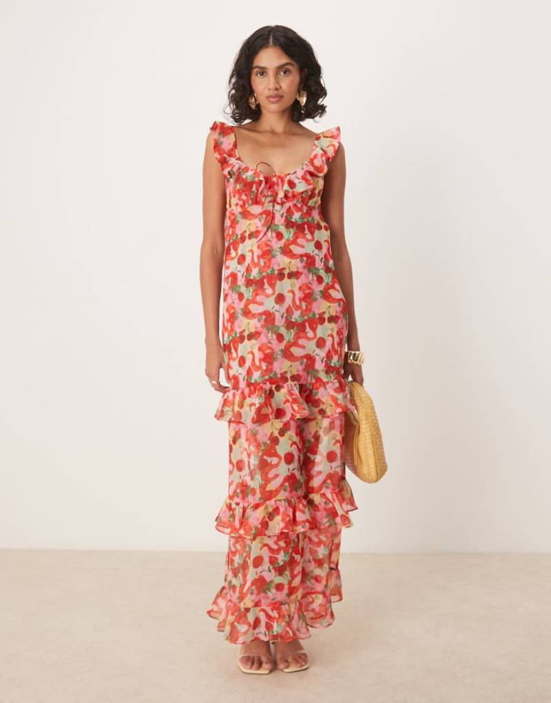 For Love & Lemons - Ambrosia - Maxikleid in Rot mit Rüschenbesatz und Rückenausschnitt von For Love & Lemons