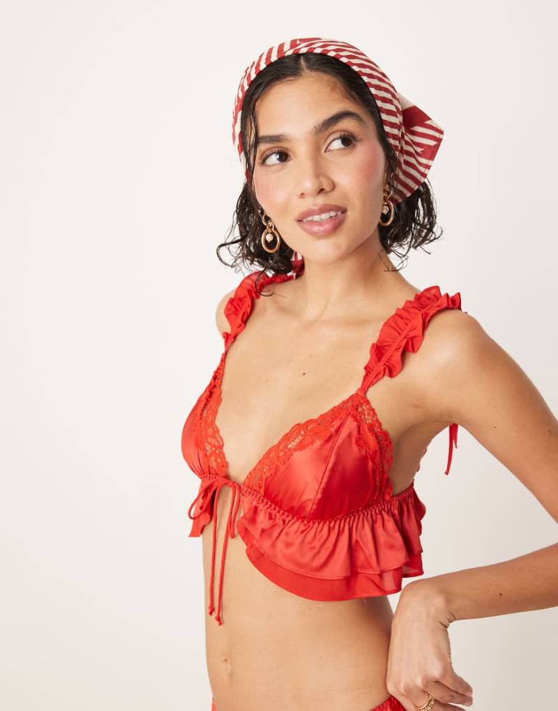 For Love & Lemons - Butterfly - Bustier in Rot mit Rüschen und Spitzenborte, Kombiteil von For Love & Lemons
