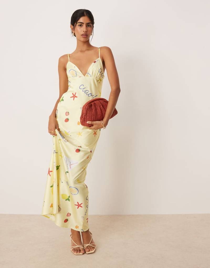 For Love & Lemons - Huda - Maxi-Trägerkleid in Gelb mit Postkartenmuster-Bunt For Love & Lemons - Huda - Maxi-Trägerkleid in Gelb mit Postkartenmuster-Bunt von For Love & Lemons