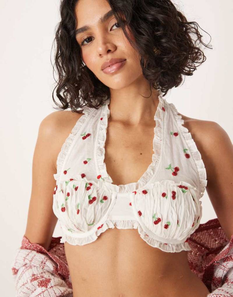 For Love & Lemons - Perlenbesetztes Bustier in Weiß mit rotem Kirschen-Motiv, Kombiteil-Bunt von For Love & Lemons
