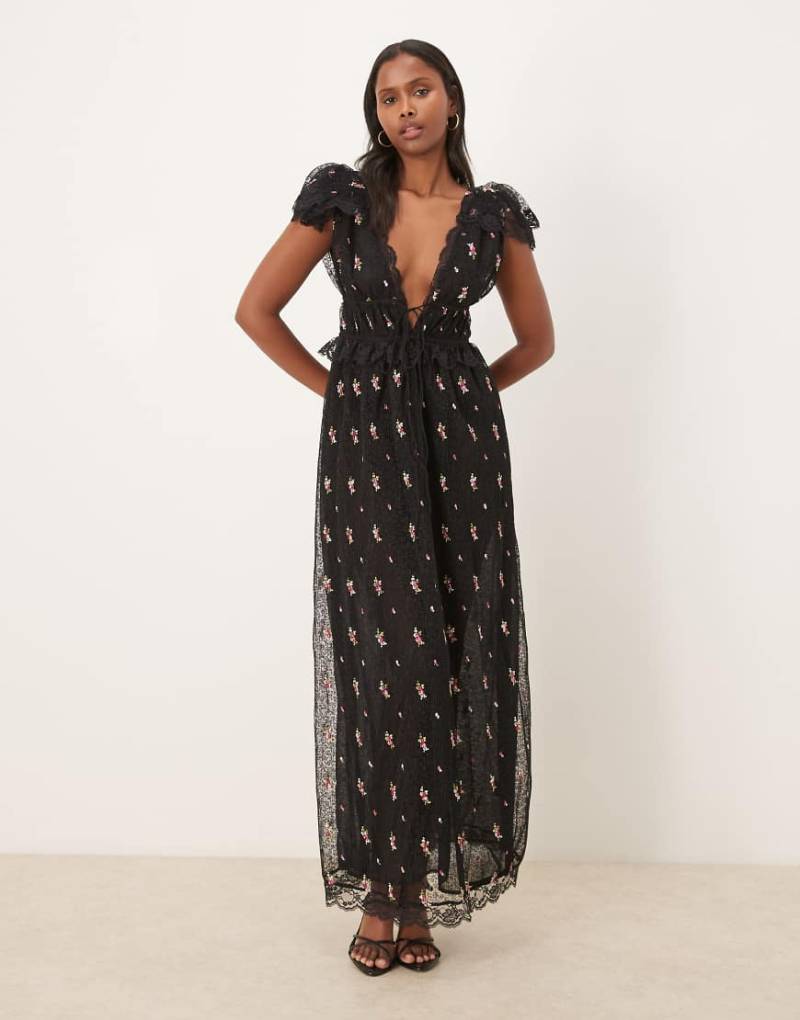 For Love & Lemons - Poppy - Plissiertes Maxikleid aus Spitze in Schwarz-Brown von For Love & Lemons