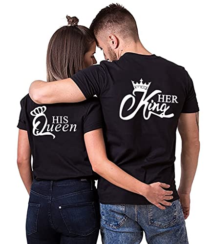 Couple T-Shirt Her Queen His King Partner-T-Shirt Damen und Herren Couple-Shirt Geschenk für Verliebte 1 Stück (Schwarz-Queen, S) von For Love