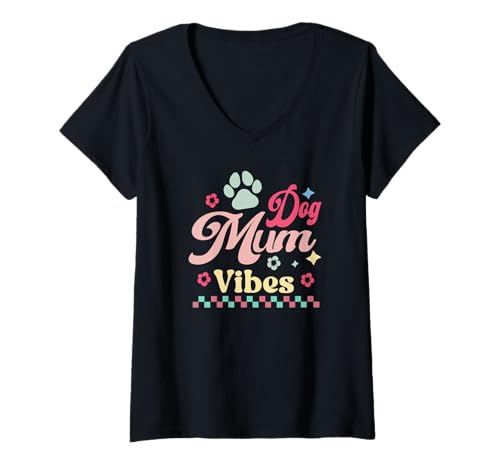 Damen Beste Hundemami der Welt aller Zeiten, Retro-Coolste Hundemum-Vibes T-Shirt mit V-Ausschnitt von For Mum Inspire Paws