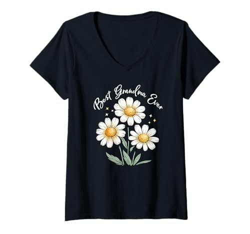 Damen Weißer Blumengarten Muttertag Best Grandma Ever Gänseblümchen T-Shirt mit V-Ausschnitt von For Mum Inspire