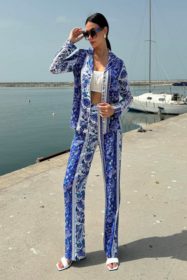 For You Moda Blusentop 3-teiliges Viskose gemustertes Bustier-Hosenanzug in Blau von For You Moda