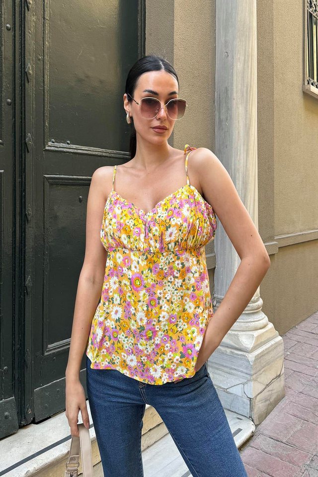 For You Moda Blusentop Natürliche Viskose Ärmellose Geraffte Gemusterte Gelbe Bluse von For You Moda