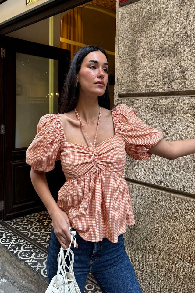 For You Moda Blusentop Natürliche Viskose Orange Hals-Gebundene Bluse von For You Moda