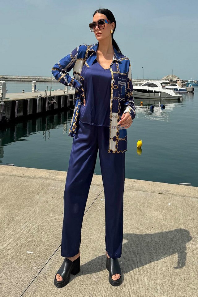 For You Moda Hosenanzug 3-teiliges Satin-Ketten-Print Tank und Hose Set in Marineblau von For You Moda