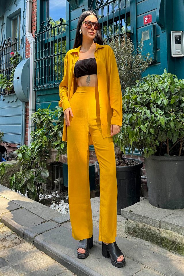 For You Moda Blusentop 3-teiliges Senf-Viskose-Crinkle-Bustier-Set von For You Moda