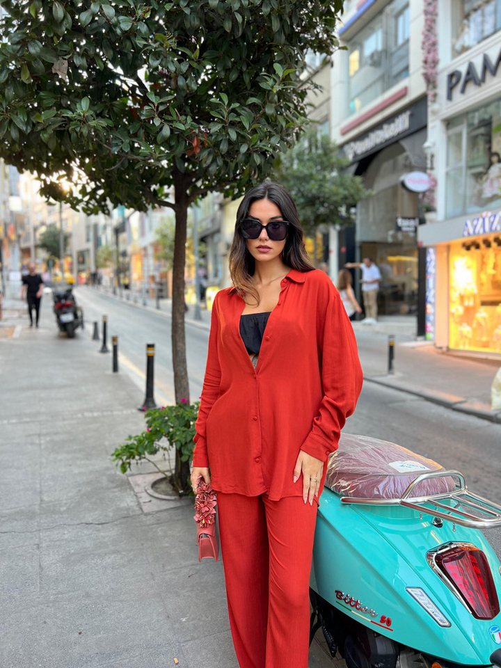 For You Moda Hosenanzug 3-teiliges Viskose-Crinkle-Bustier-Ziegel-Set von For You Moda