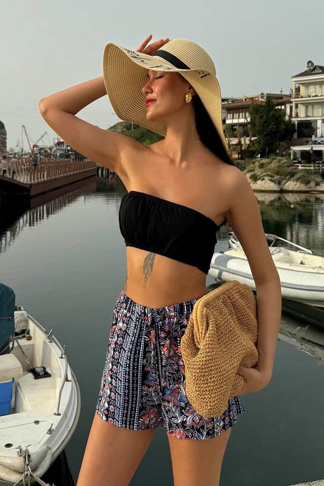 For You Moda Blusentop Gemustertes Bustier-Shorts Rot-Blau Set von For You Moda