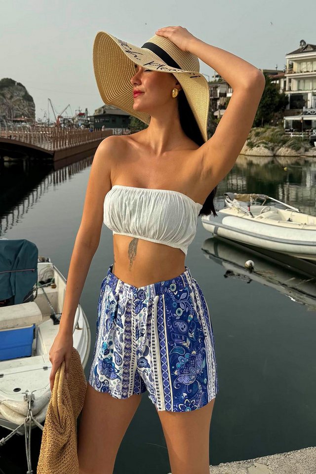 For You Moda Hosenanzug Blau-Weiße Bedruckte Bustier & Shorts Set von For You Moda