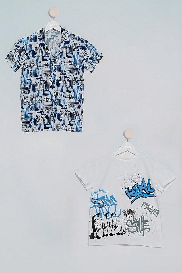 For You Moda Karohemd 2-teiliges Asymmetrisches Bedrucktes Hemd T-Shirt Set von For You Moda