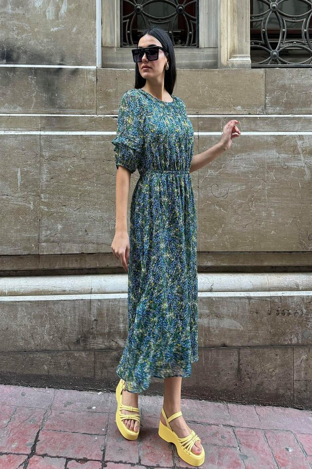 For You Moda Midikleid Grünes Chiffon Maxikleid mit geraffter Taille und gemustertem Futter von For You Moda
