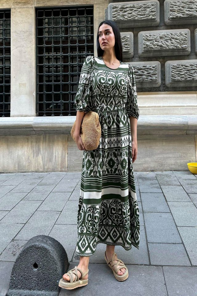 For You Moda Minikleid Natürliche Viskose Muster Lang Grün Kleid von For You Moda