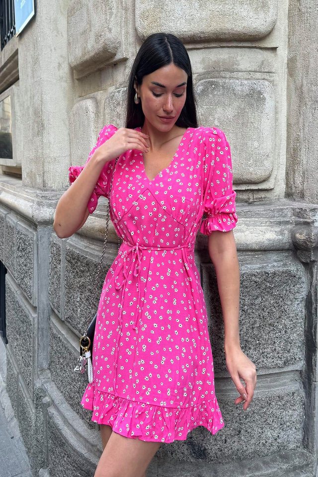 For You Moda Midikleid Natürliche Viskose Rüschenmuster Fuchsia Kleid von For You Moda