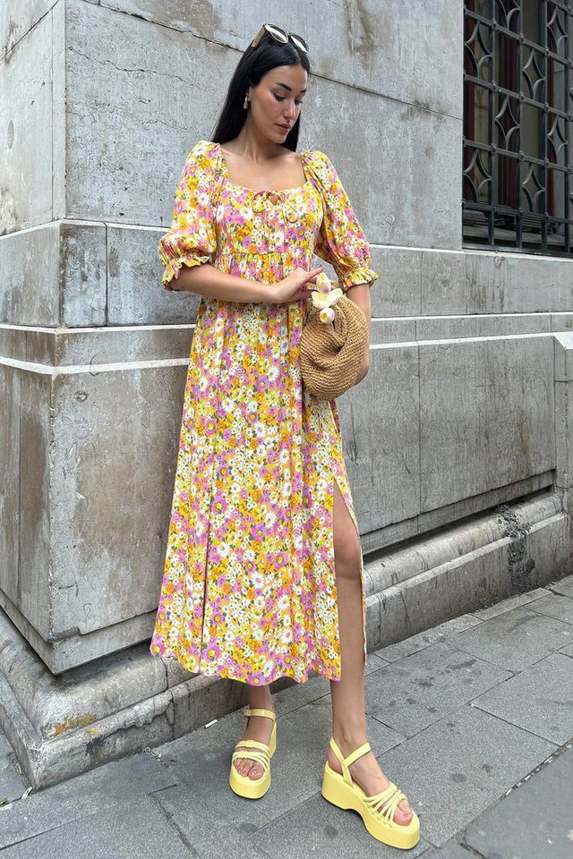 For You Moda Midikleid Natürliche Viskose Rüschenmuster Maxi Gelbes Kleid von For You Moda