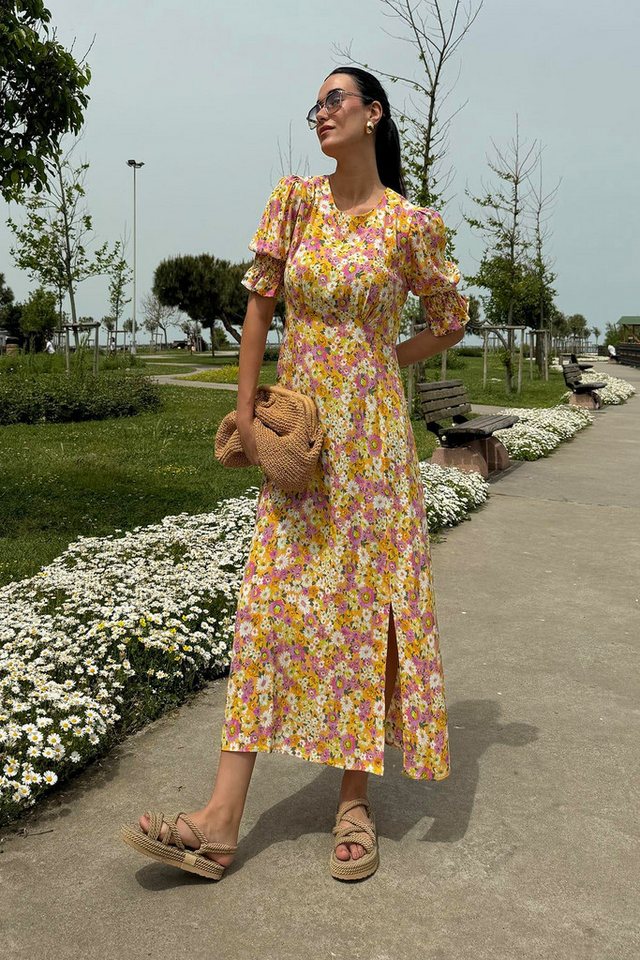 For You Moda Midikleid Natürliche Viskose Split-Ärmel Langes Gelbes Kleid von For You Moda